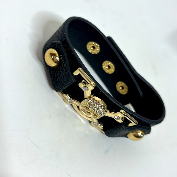 Skull Cuff | Black Metallic Detailed Skull Crossbones Bracelete | Sizable Bling - Picture 2 of 6